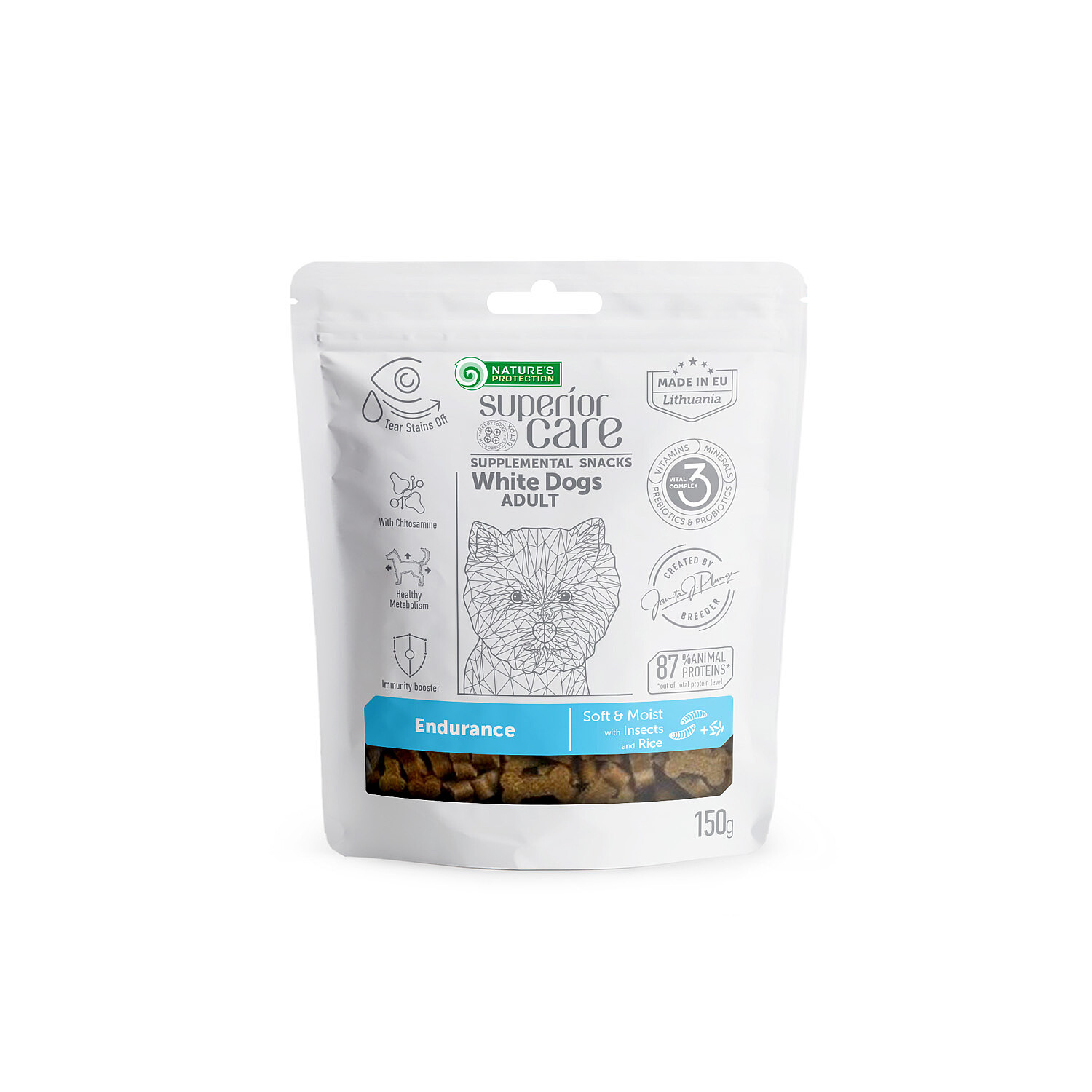 NATURE'S PROTECTION SUPERIOR CARE complementary feed - snacks to support endurance with insects and rice for adult all breed dogs with white coat 150 g