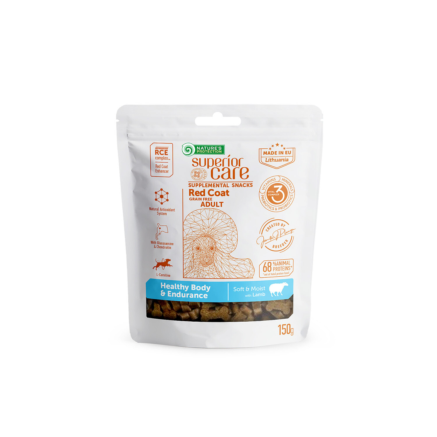 NATURE'S PROTECTION SUPERIOR CARE complementary grain free feed - snacks to support healthy and endurance with lamb for adult all breed dogs with red coat 150 g