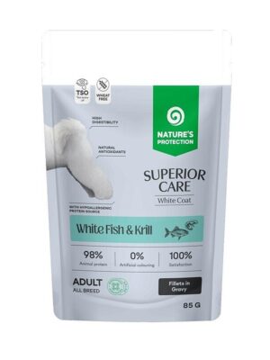 NATURE'S PROTECTION SUPERIOR CARE grain free wet pet food with white fish and krill for adult all breed dogs with white coat 85 g