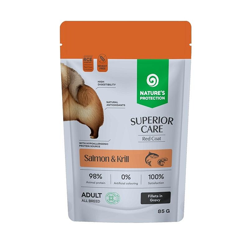 NATURE'S PROTECTION SUPERIOR CARE grain free wet pet food with salmon and krill for adult all breed dogs with red coat 85 g