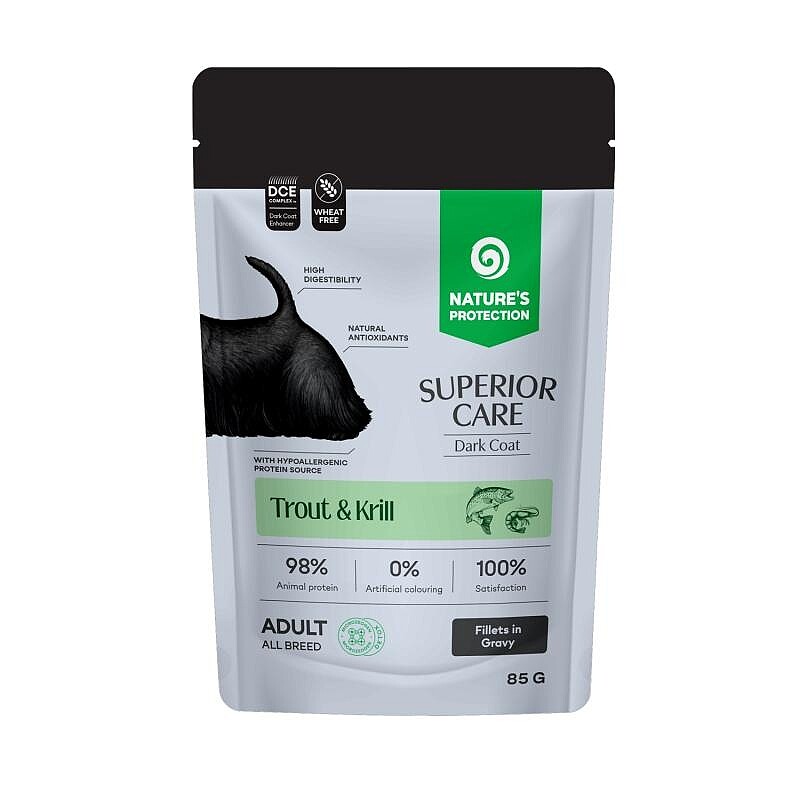 NATURE'S PROTECTION SUPERIOR CARE with trout and krill for adult all breed dogs with dark coat 85 g